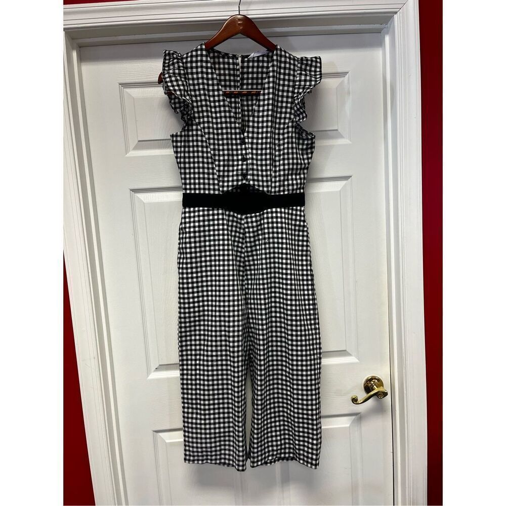 BCBGeneration Black & White Gingham Cut Out Wide Leg Jumpsuit Sz 10 NWT - Picture 3 of 11